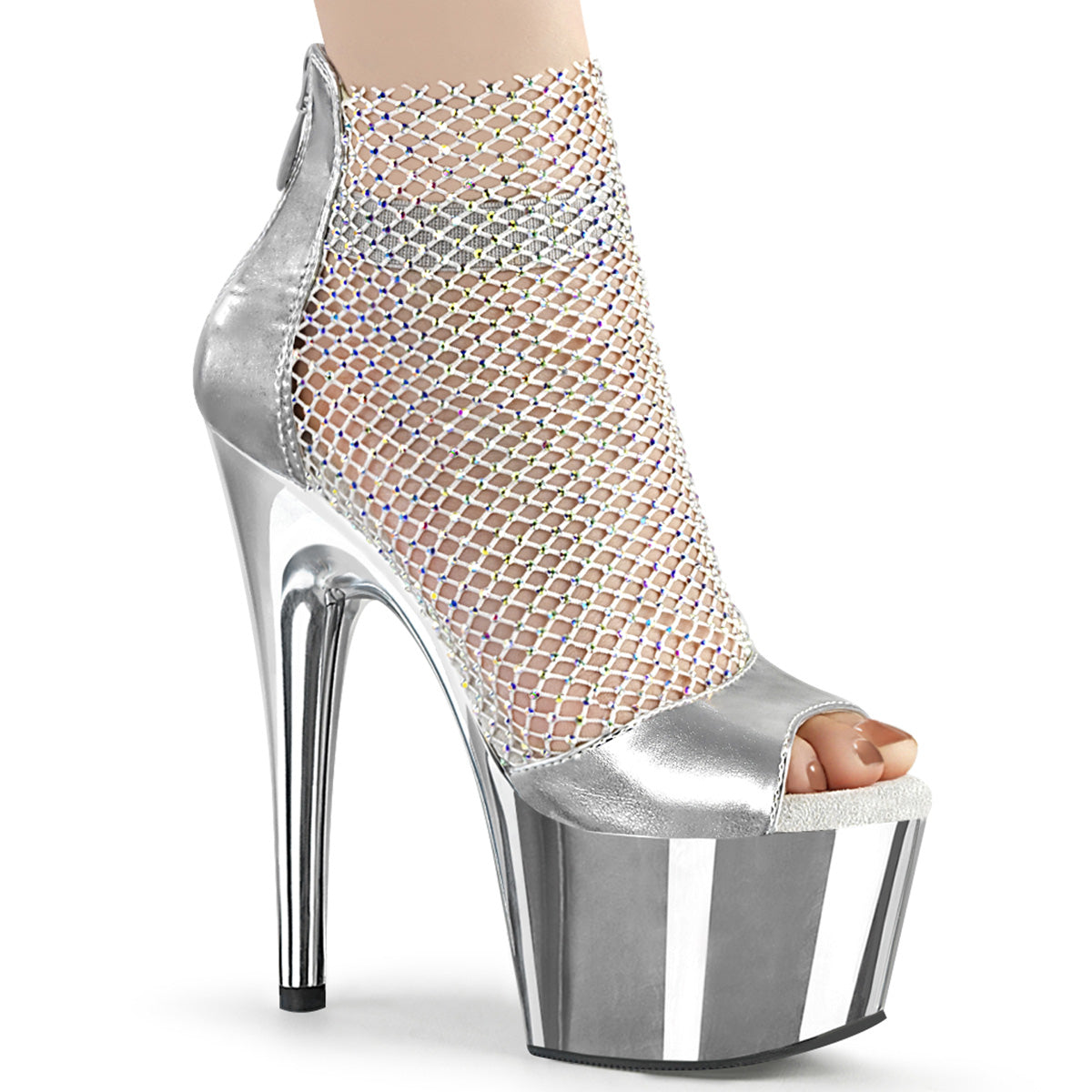 ADORE-765RM Strippers Heels Pleaser Platforms (Exotic Dancing) Slv Metallic Pu-RS Mesh/Slv Chrome