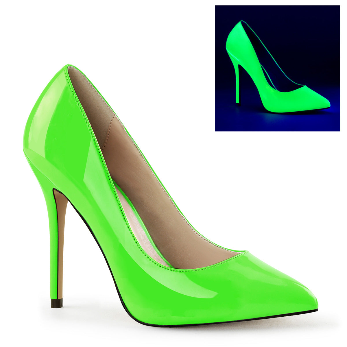 AMUSE-20 Strippers Heels Pleaser Single Soles Neon Green Pat