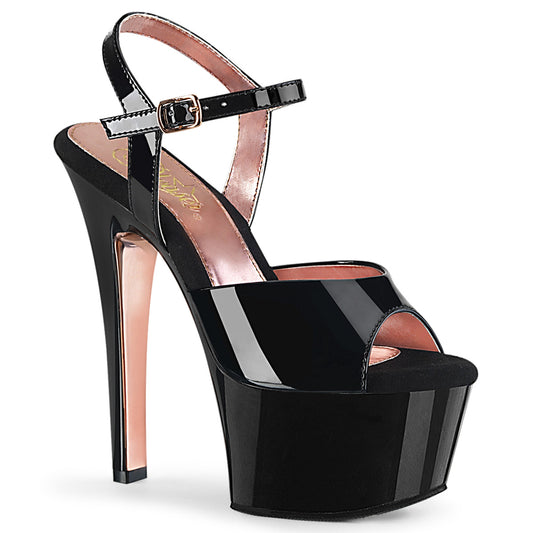 ASPIRE-609TT Strippers Heels Pleaser Platforms (Exotic Dancing) Blk Pat/Blk-Rose Gold Chrome