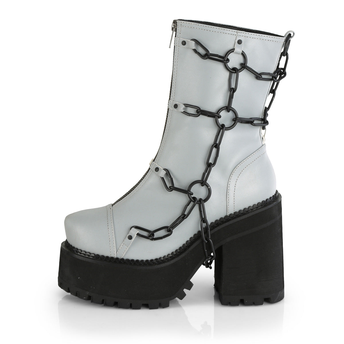 ASSAULT-66 Demonia Grey Reflective Vegan Leather Women's Ankle Boots [Demonia Cult Alternative Footwear]
