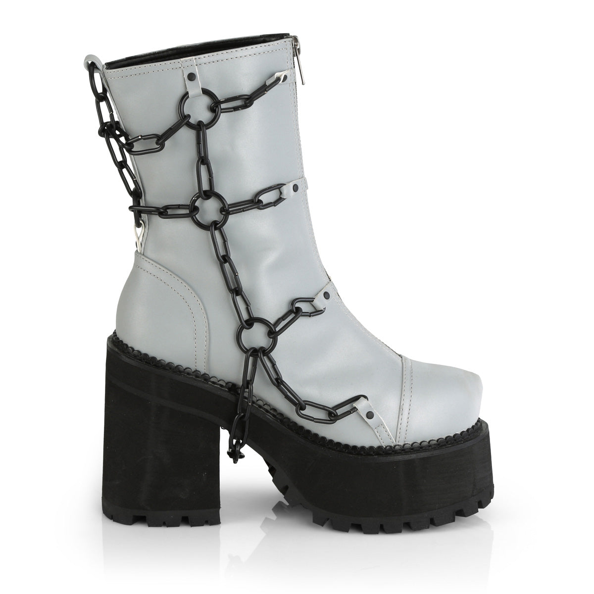ASSAULT-66 Demonia Grey Reflective Vegan Leather Women's Ankle Boots [Demonia Cult Alternative Footwear]