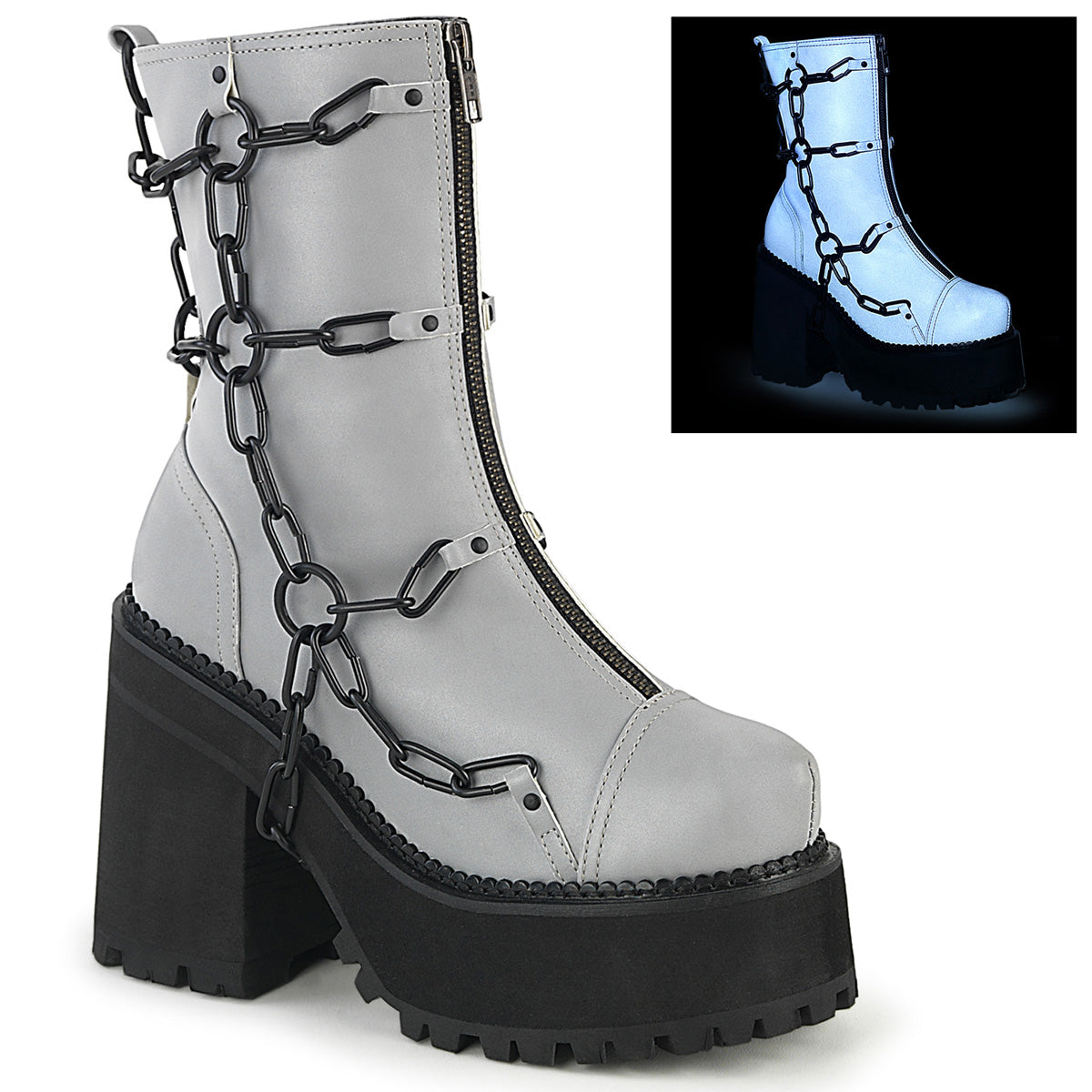 ASSAULT-66 Alternative Footwear Demonia Women's Ankle Boots Grey Reflective Vegan Leather