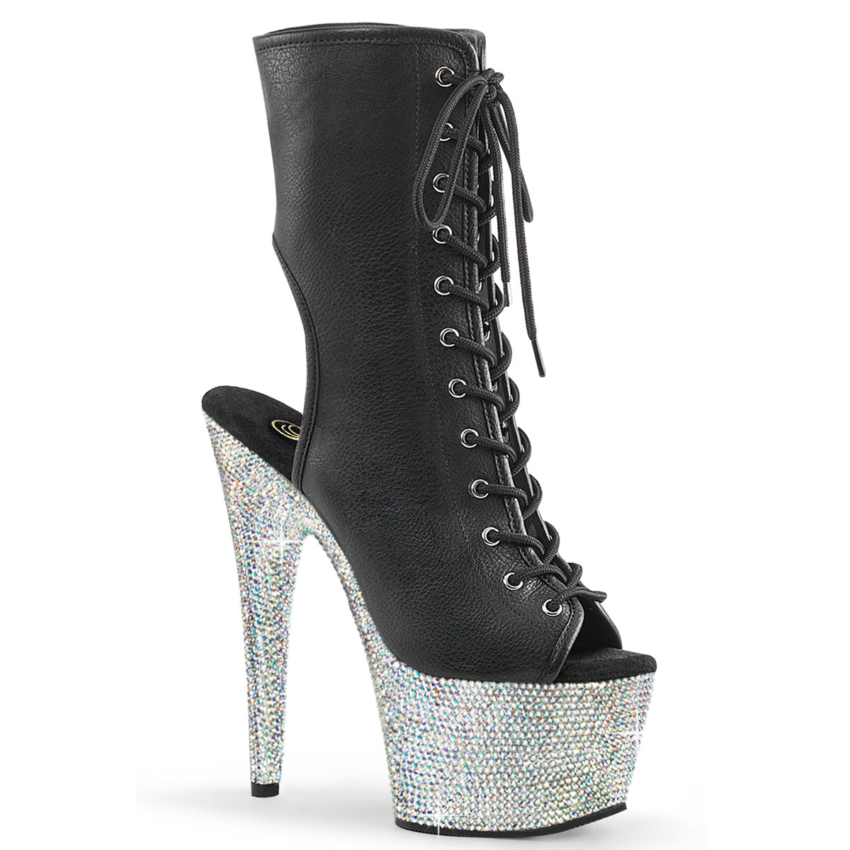 BEJEWELED-1016-7 Strippers Heels Pleaser Platforms (Exotic Dancing) Blk Faux Leather/Slv AB RS