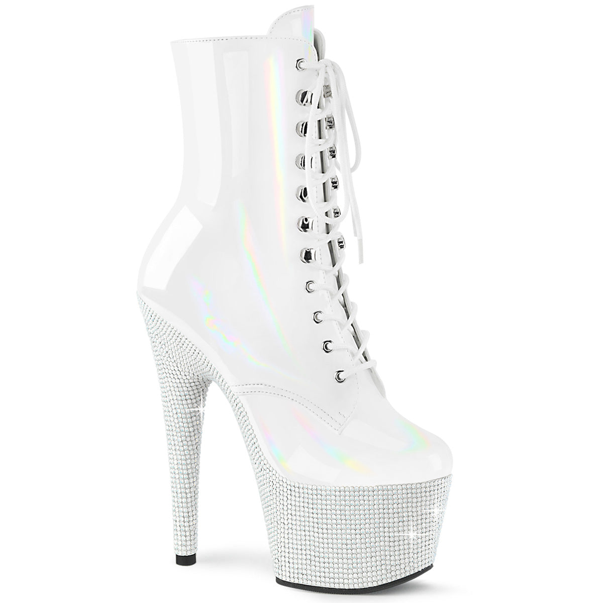 BEJEWELED-1020-7 Strippers Heels Pleaser Platforms (Exotic Dancing) Wht Holo Pat/Wht RS