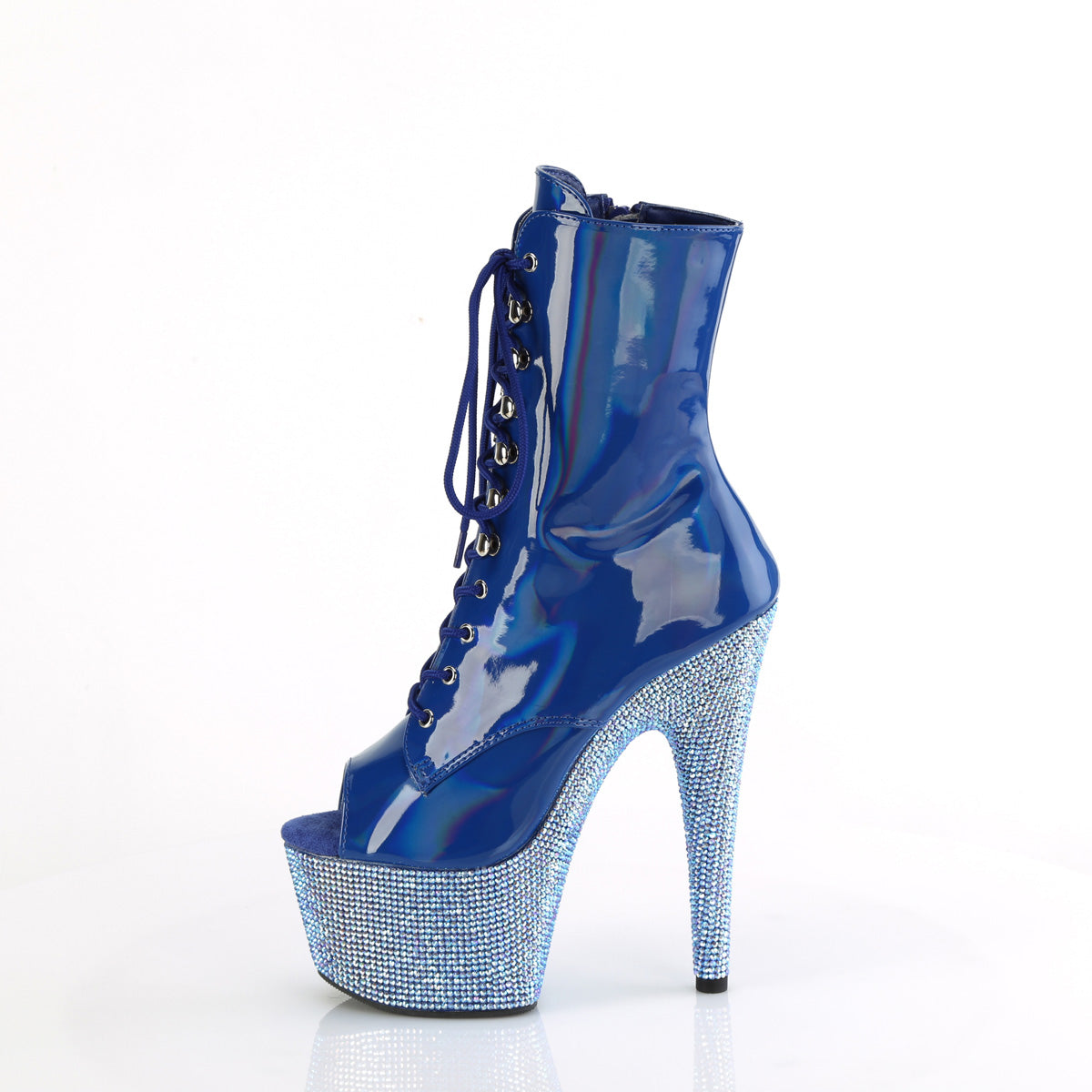 BEJEWELED-1021-7 Pleaser Blue Holo Patent/Blue AB Rhinestones Platform Shoes [Sexy Ankle Boots]