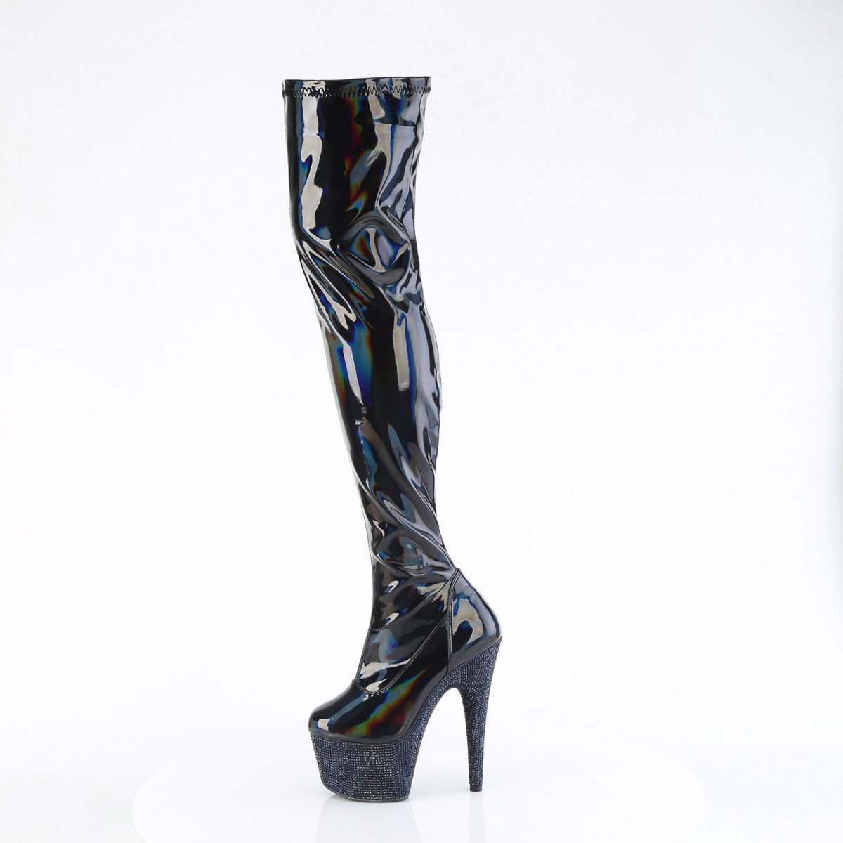 BEJEWELED-3000-7 Pleaser Black Stretch Holo Patentidnight Black Rhinestones Platform Shoes [Sexy Thigh High Boots]