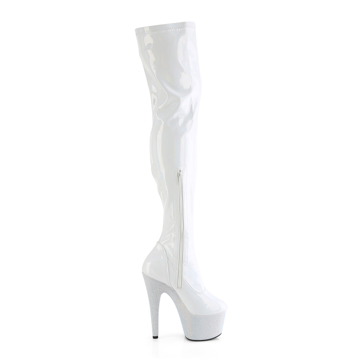 BEJEWELED-3000-7 Pleaser White Stretch Holo Patent/White Rhinestones Platform Shoes [Sexy Thigh High Boots]