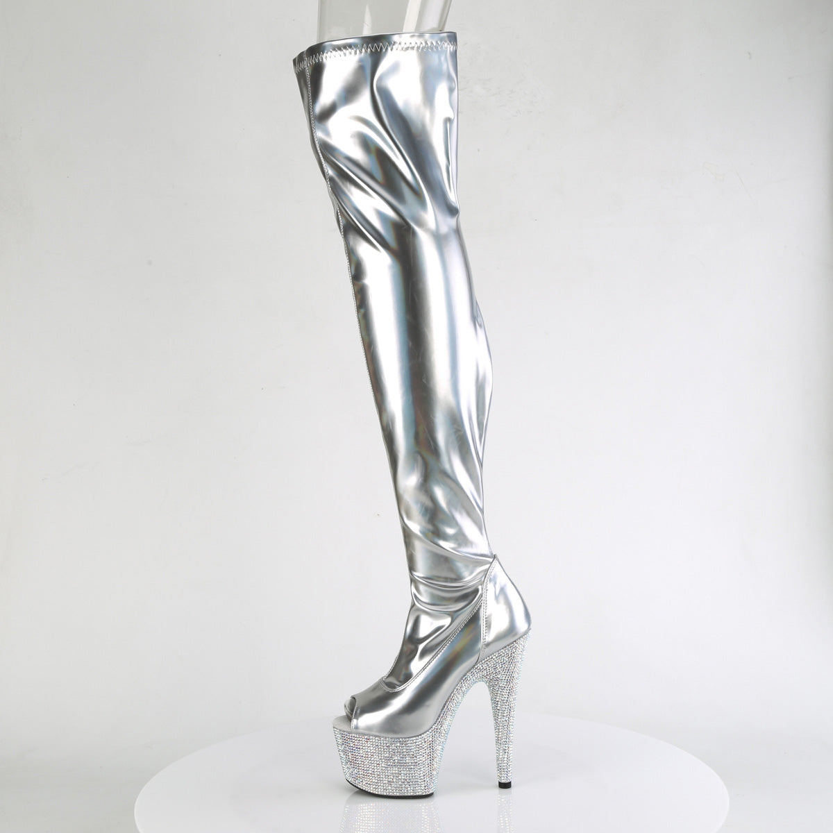 BEJEWELED-3011-7 Pleaser Silver Stretch Holo Patent/Silver AB Rhinestones Platform Shoes [Sexy Thigh High Boots]