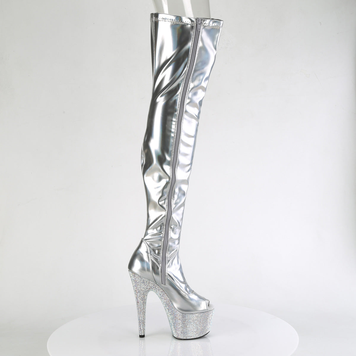 BEJEWELED-3011-7 Pleaser Silver Stretch Holo Patent/Silver AB Rhinestones Platform Shoes [Sexy Thigh High Boots]