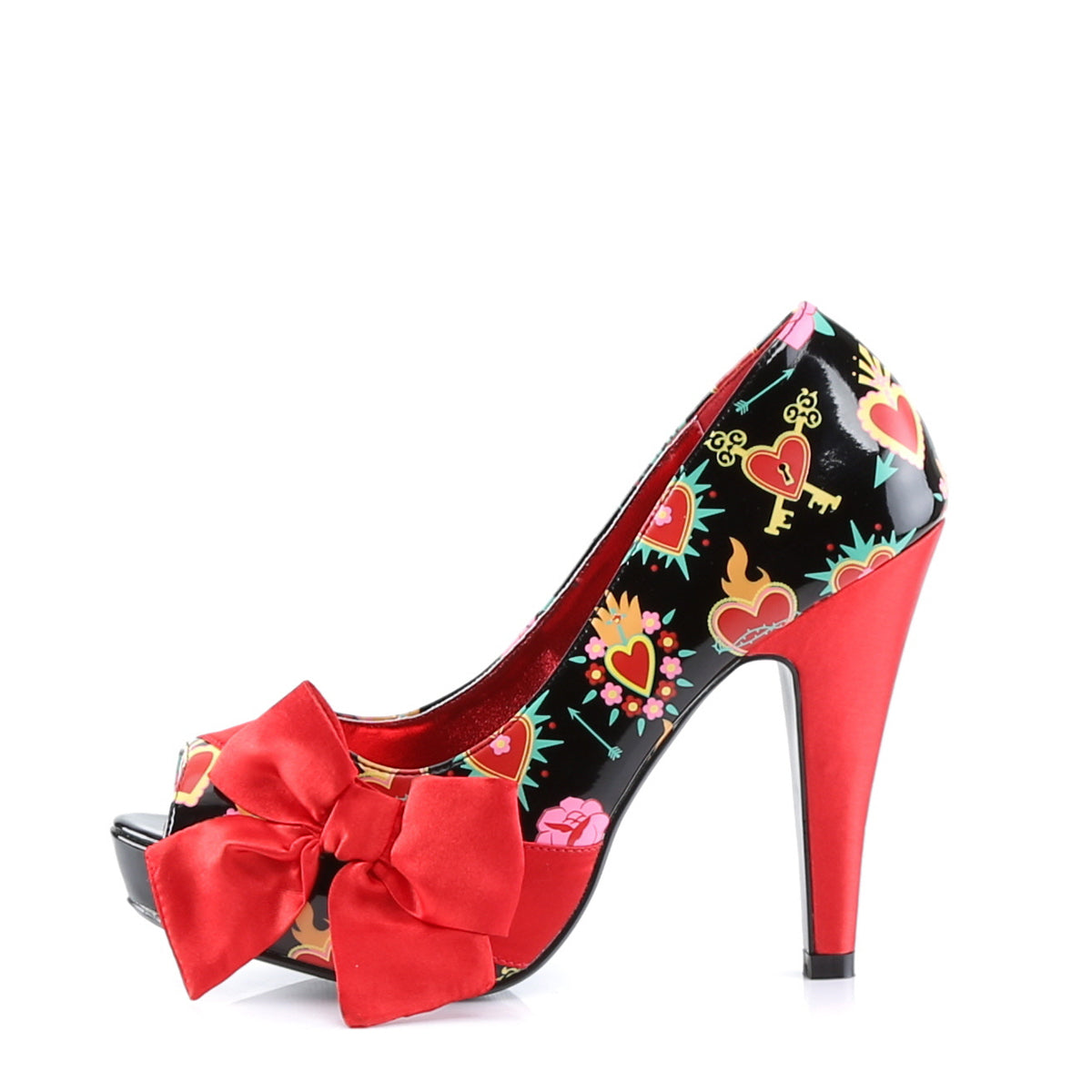 BETTIE-13 Retro Glamour Pin Up Couture Platforms Blk Pat-Red Satin (Sacred Hearts)