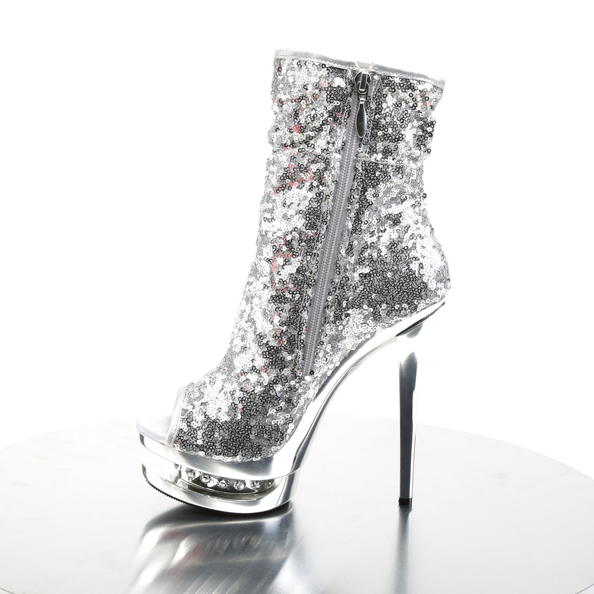 BLONDIE-R-1008 Pleaser Silver Sequins/Silver Chrome Platform Shoes [Sexy Ankle Boots]