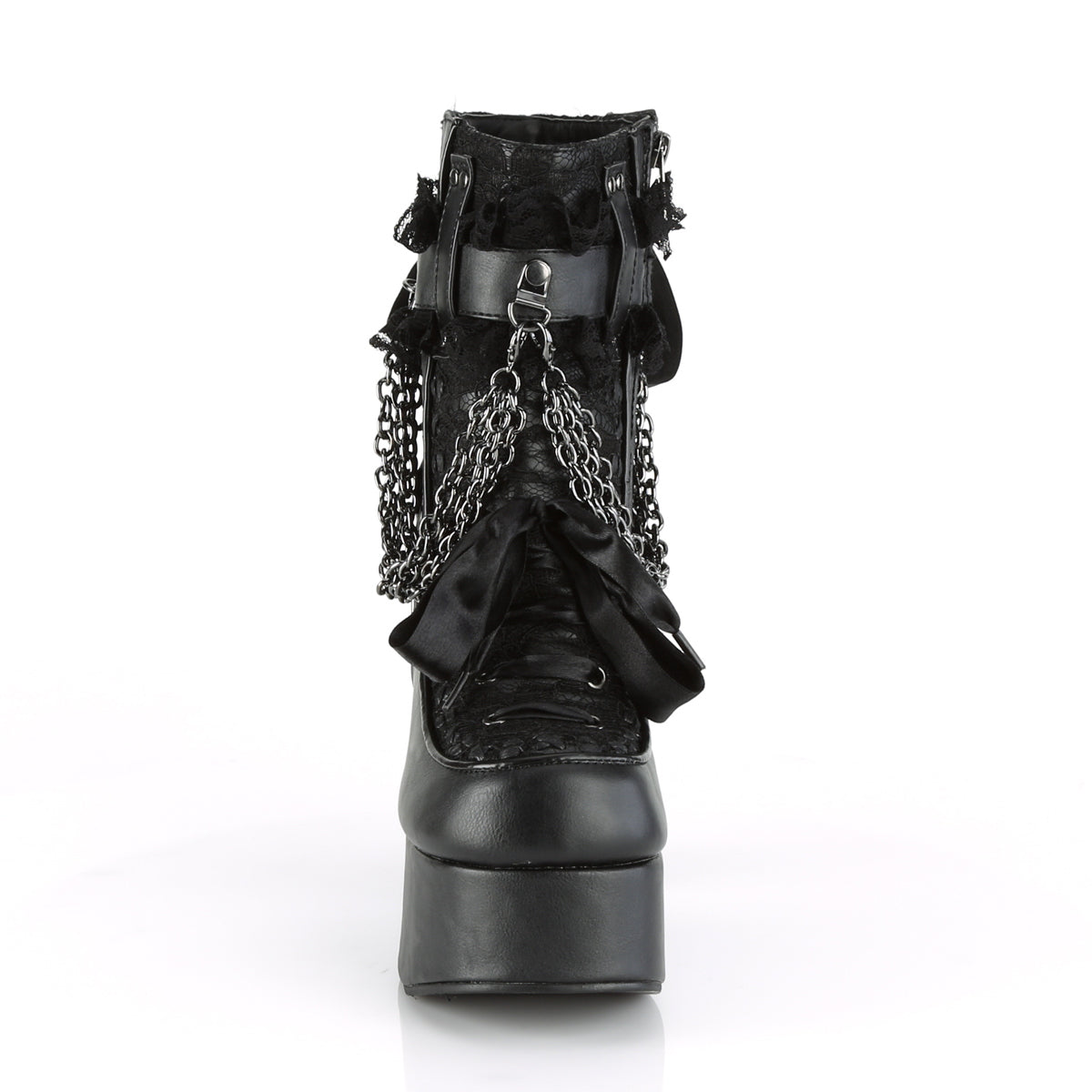 CHARADE-110 Demonia Black Vegan Leather-Lace Overlay Women's Ankle Boots [Demonia Cult Alternative Footwear]