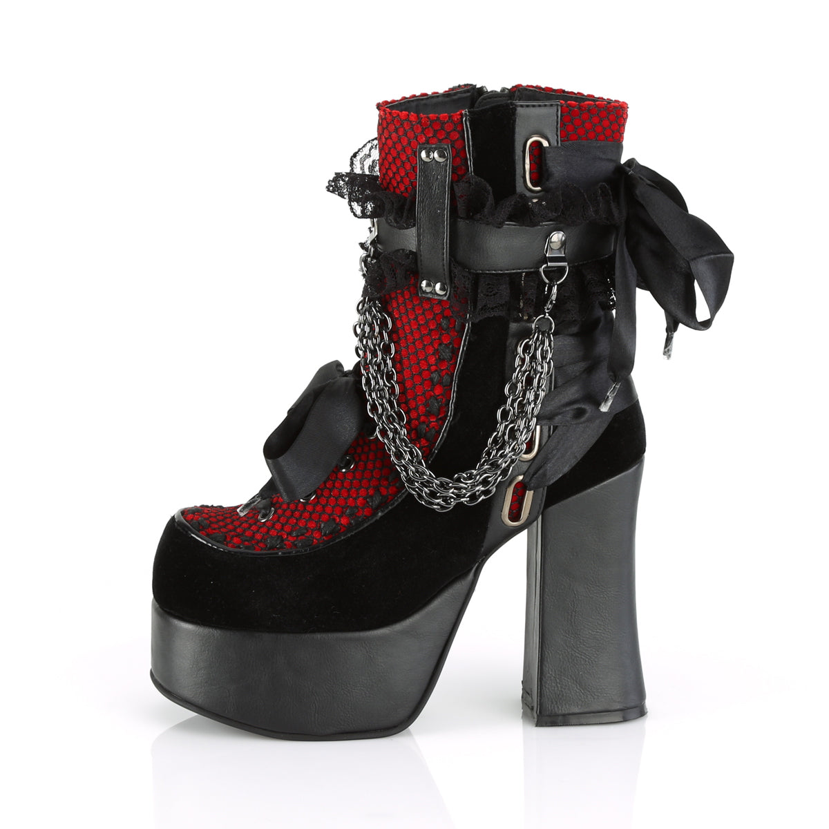 CHARADE-110 Demonia Black V Le-Red-Black Velvet-Fishnet Overlay Women's Ankle Boots [Demonia Cult Alternative Footwear]