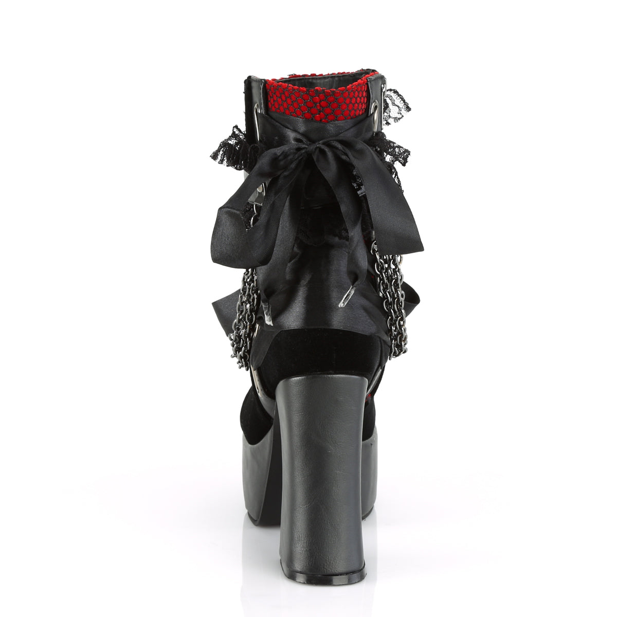 CHARADE-110 Demonia Black V Le-Red-Black Velvet-Fishnet Overlay Women's Ankle Boots [Demonia Cult Alternative Footwear]