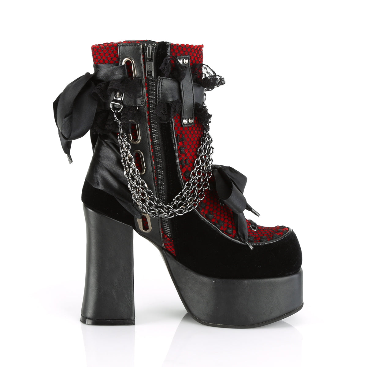 CHARADE-110 Demonia Black V Le-Red-Black Velvet-Fishnet Overlay Women's Ankle Boots [Demonia Cult Alternative Footwear]