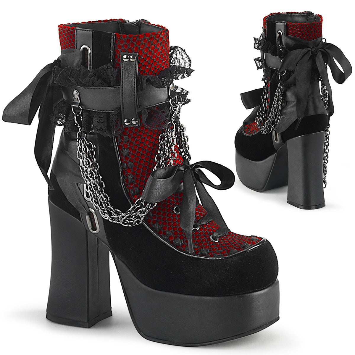 CHARADE-110 Alternative Footwear Demonia Women's Ankle Boots Blk V. Le-Red-Blk Velvet-Fishnet Overlay