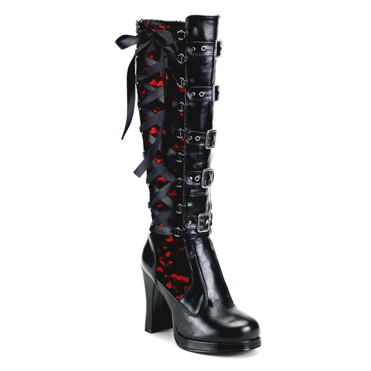 CRYPTO-106 Alternative Footwear Demonia Women's Mid-Calf & Knee High Boots Blk-Red Vegan Leather