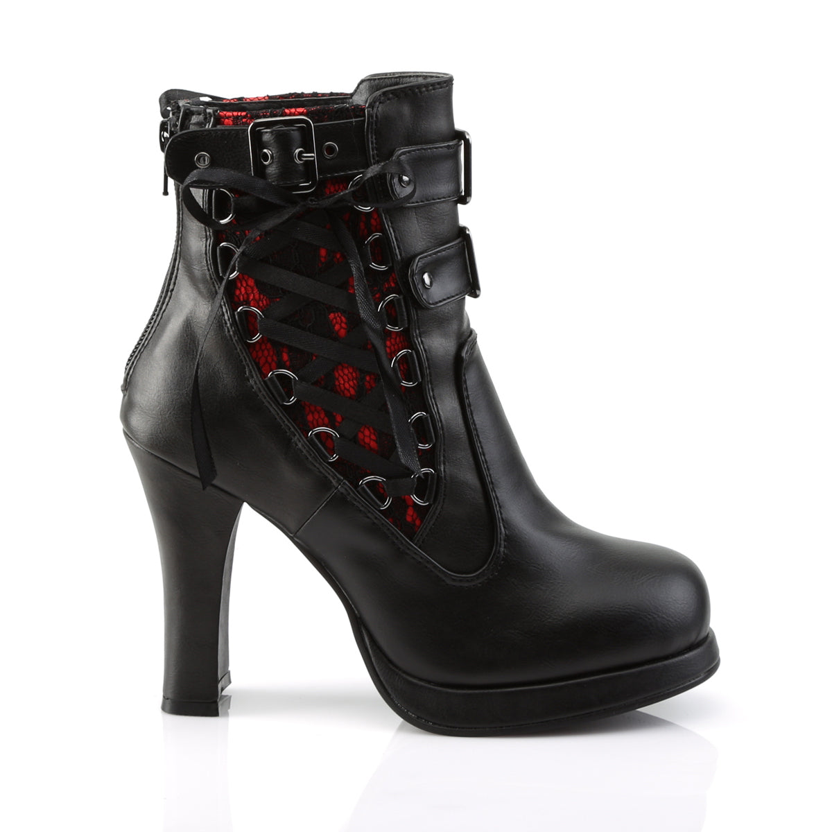 CRYPTO-51 Demonia Black-Red Lace Vegan Leather Women's Ankle Boots [Demonia Cult Alternative Footwear]