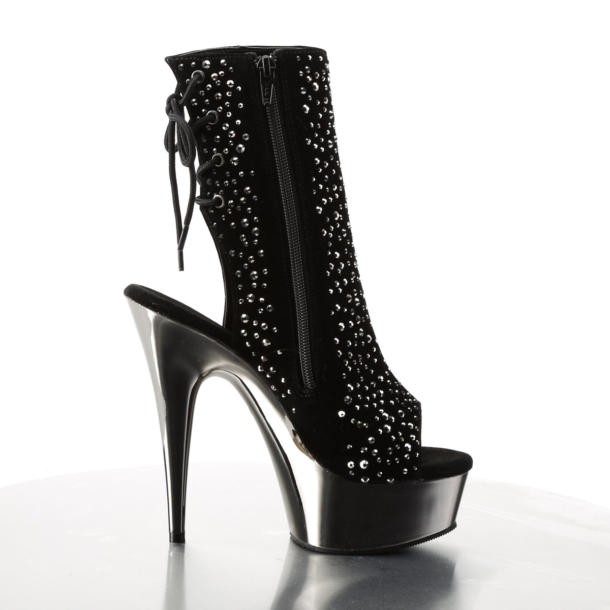 DELIGHT-1018RS Pleaser Black Velvet-Pewter Rhinestones/ Pewter Chrome Platform Shoes [Sexy Ankle Boots]