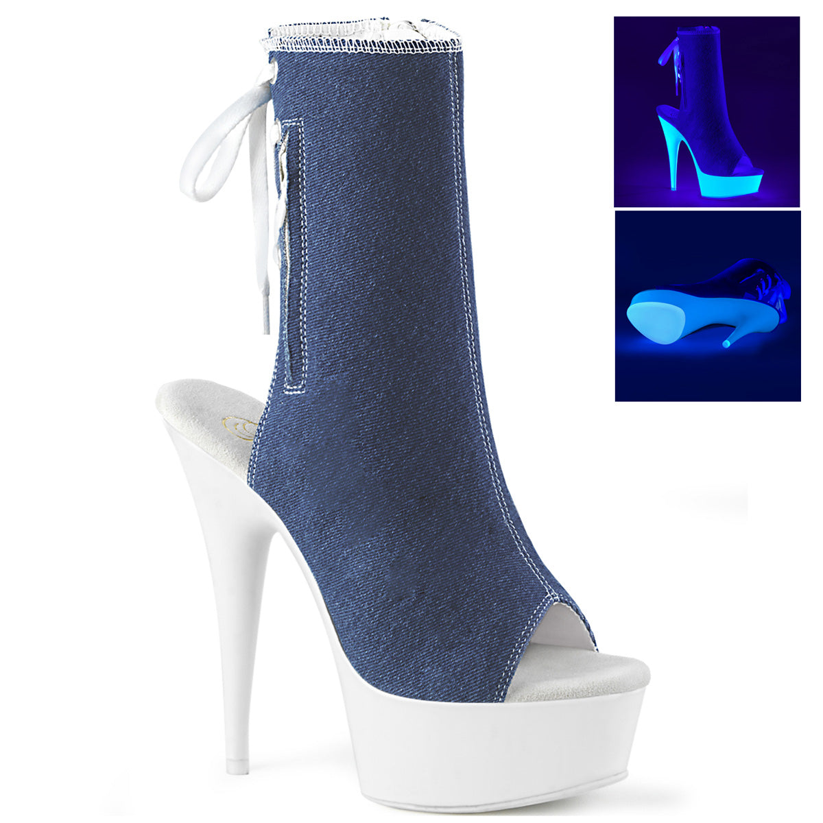 DELIGHT-1018SK Strippers Heels Pleaser Platforms (Exotic Dancing) Denim Blue Canvas/Neon White