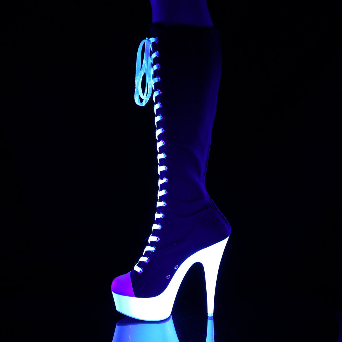 DELIGHT-2000SK-02 Pleaser Black Canvas-White Faux Leather/Neon White Platform Shoes [Sexy Knee High Boots]