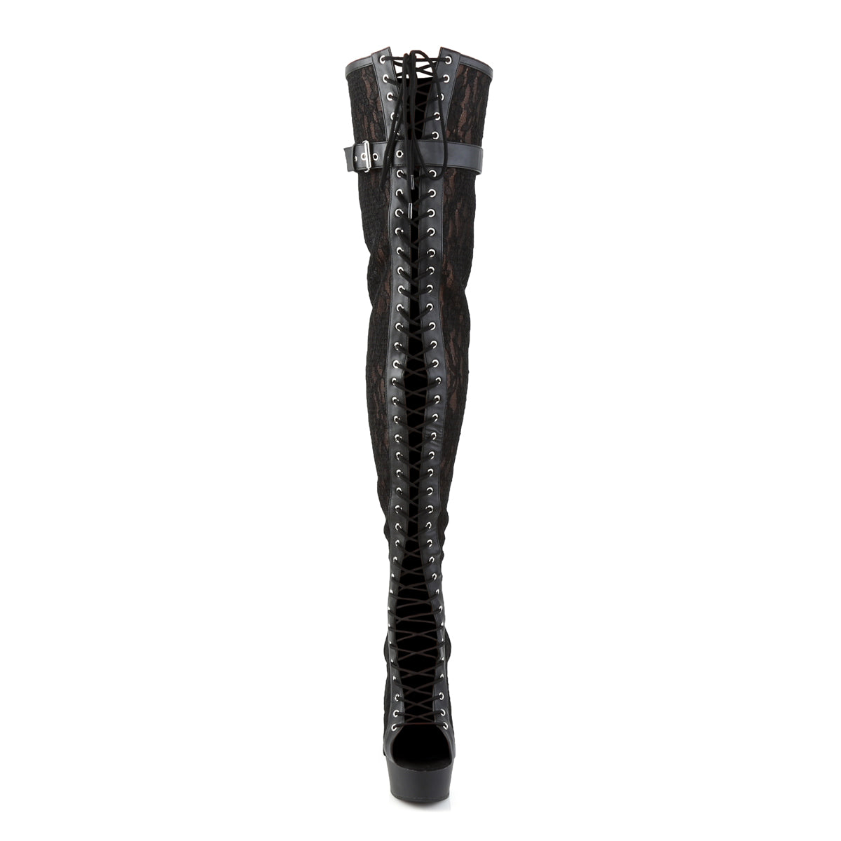 DELIGHT-3025ML Pleaser Black Faux Leather-Mesh-Lace/Black Matte Platform Shoes [Thigh High Boots]