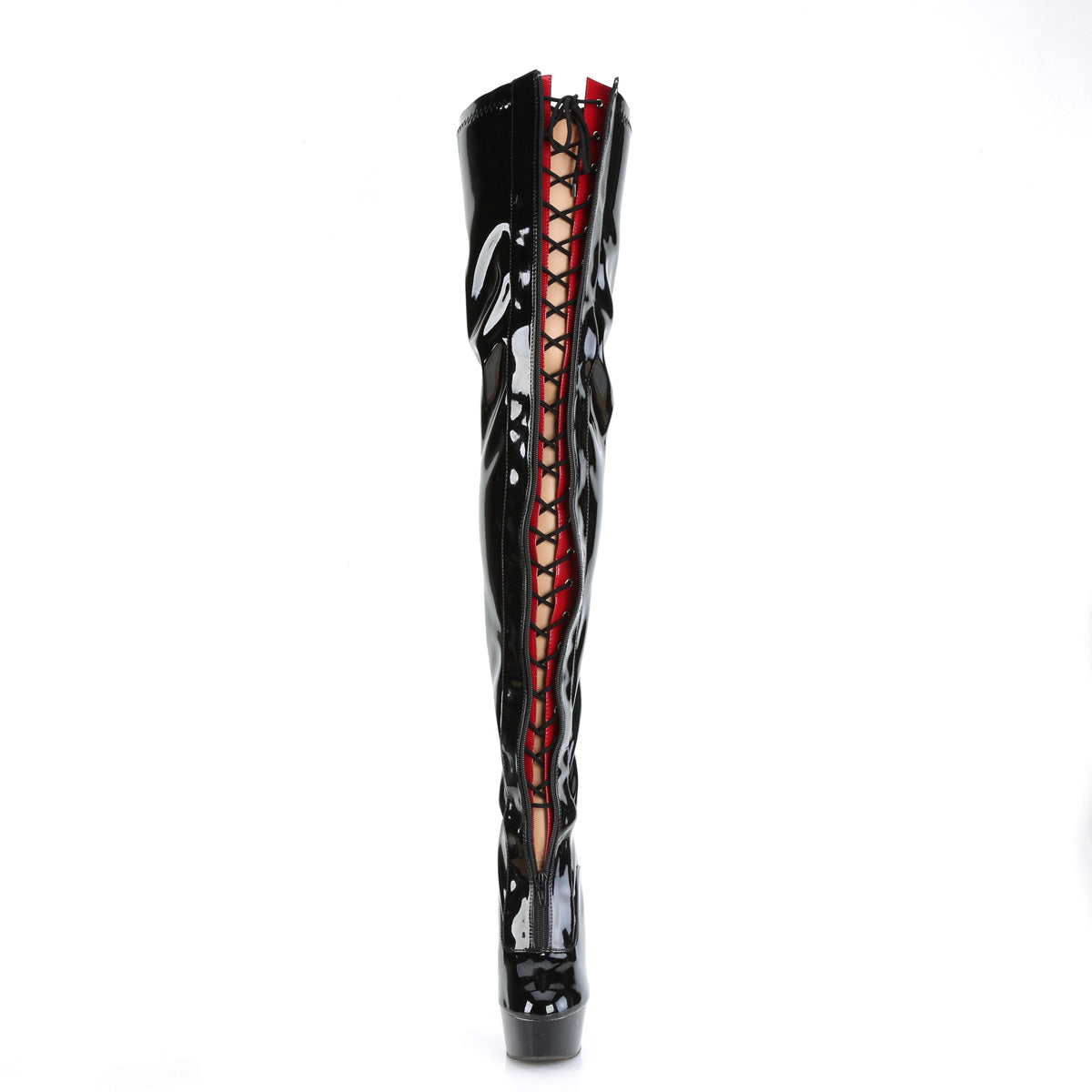 DELIGHT-3027 Pleaser Black-Red Stretch Patent/Black Platform Shoes [Thigh High Boots]