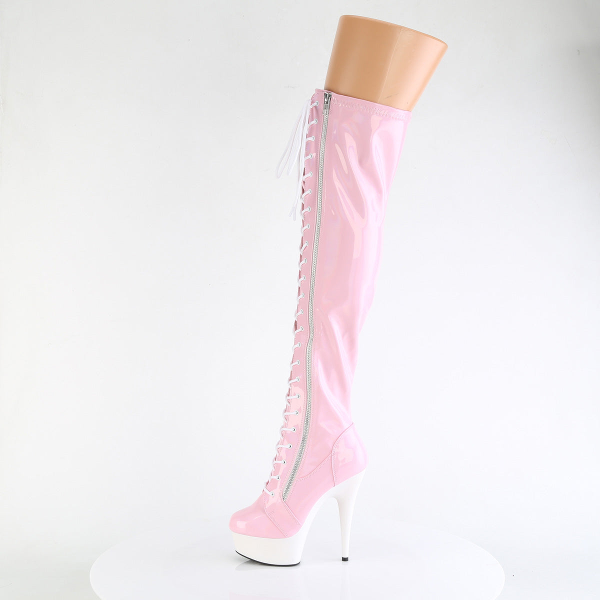 DELIGHT-3029 Pleaser B Pink Stretch Hologram Patent/White Matte Platform Shoes [Thigh High Boots]