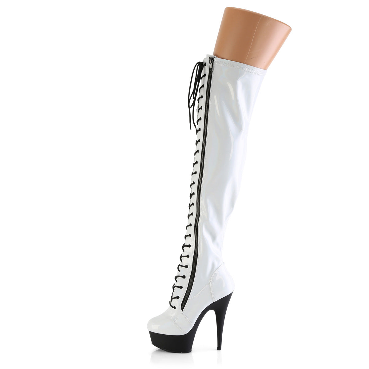 DELIGHT-3029 Pleaser White Stretch Hologram Patent/Black Matte Platform Shoes [Thigh High Boots]