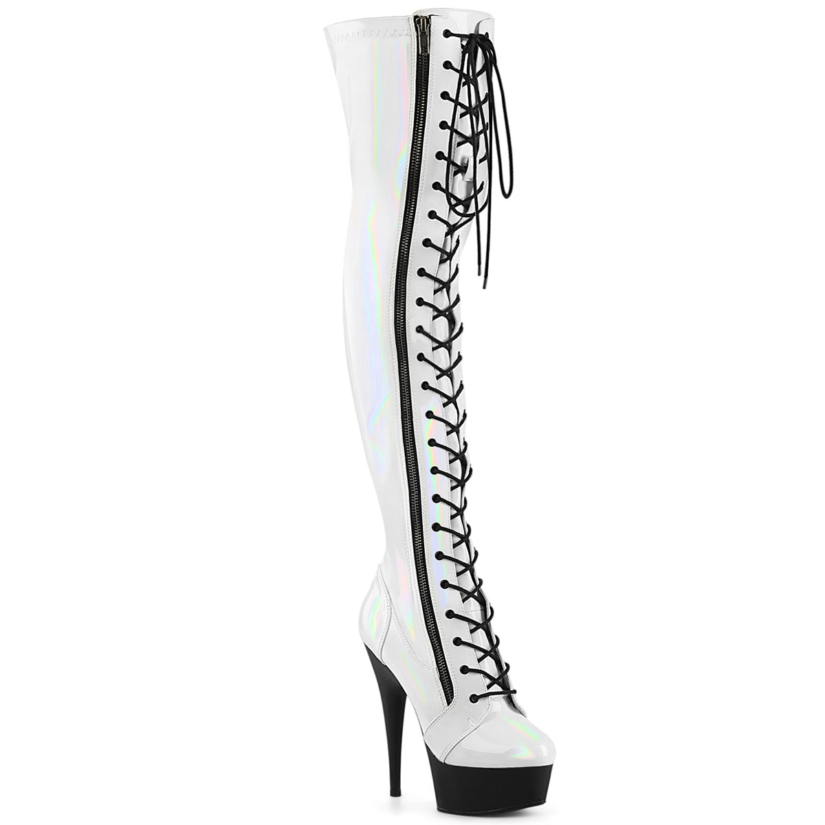 DELIGHT-3029 Pleaser White Stretch Hologram Patent/Black Matte Platform Shoes [Thigh High Boots]