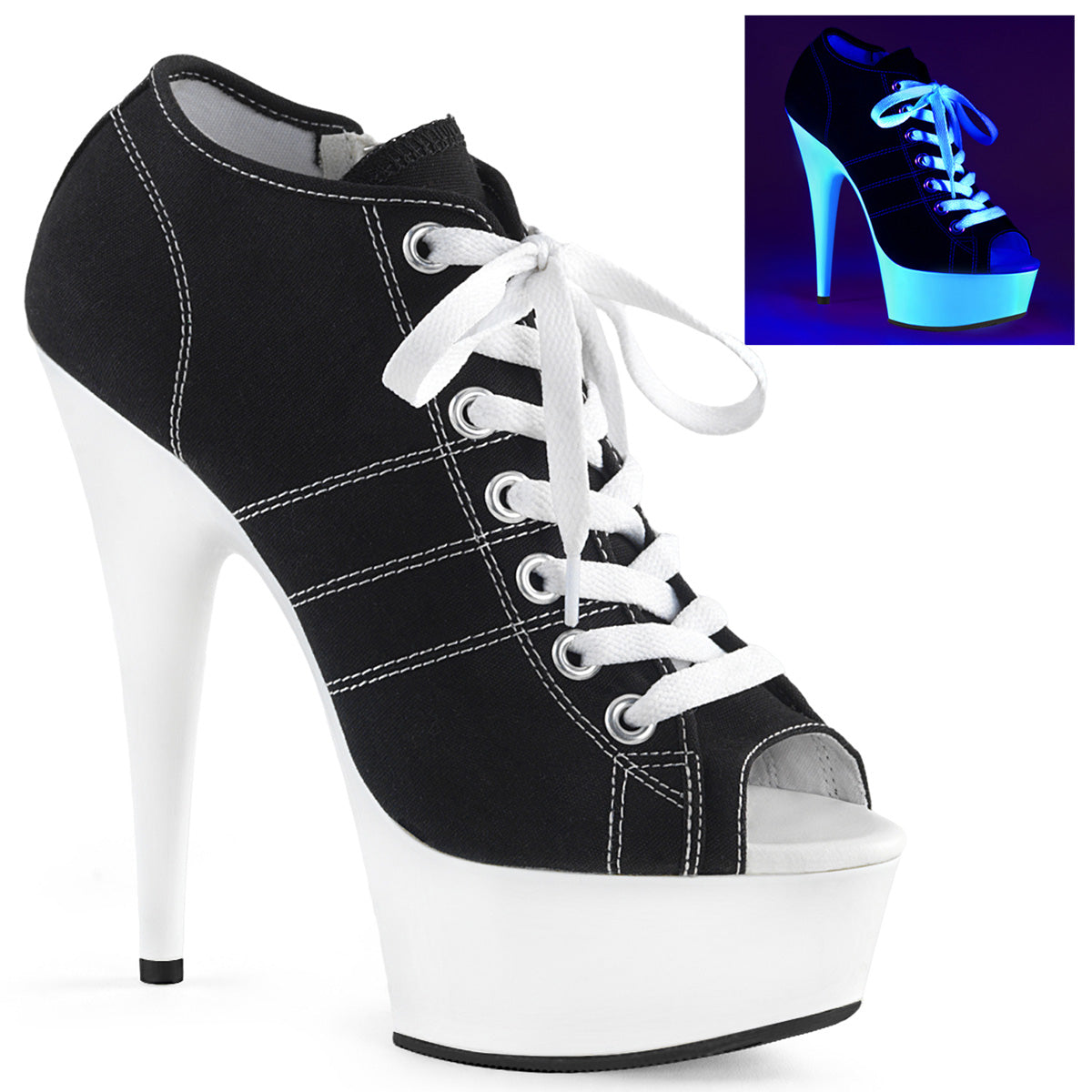 DELIGHT-600SK-01 Strippers Heels Pleaser Platforms (Exotic Dancing) Blk Canvas/Neon White