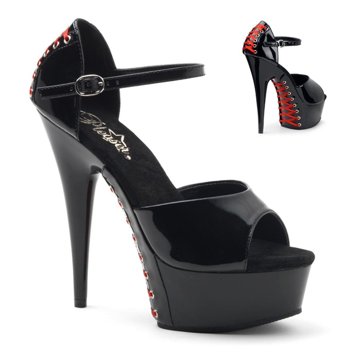 DELIGHT-660FH Strippers Heels Pleaser Platforms (Exotic Dancing) Blk Pat/Blk (Red Lace)