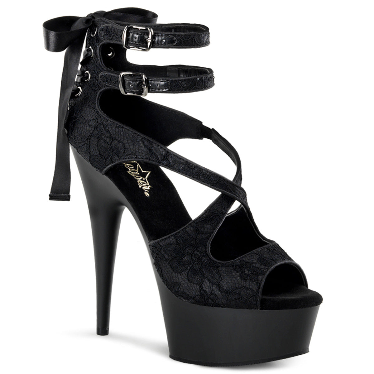 DELIGHT-678LC Strippers Heels Pleaser Platforms (Exotic Dancing) Blk Satin-Lace/Blk Matte