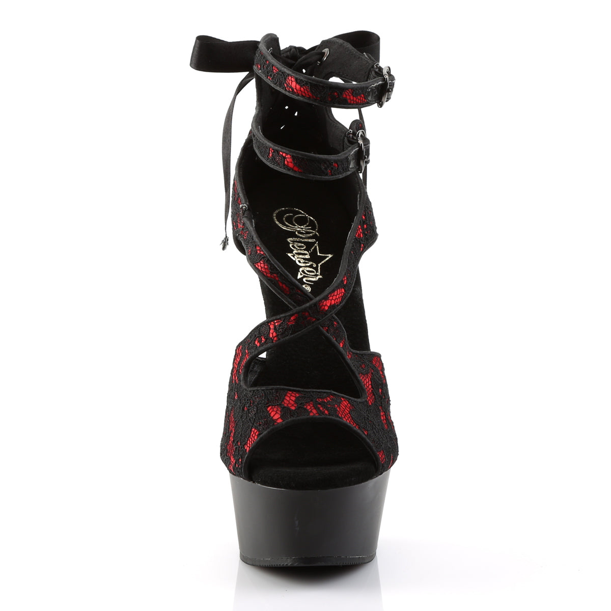 DELIGHT-678LC Pleaser Red Satin-Lace/Black Matte Platform Shoes [Exotic Dance Shoes]