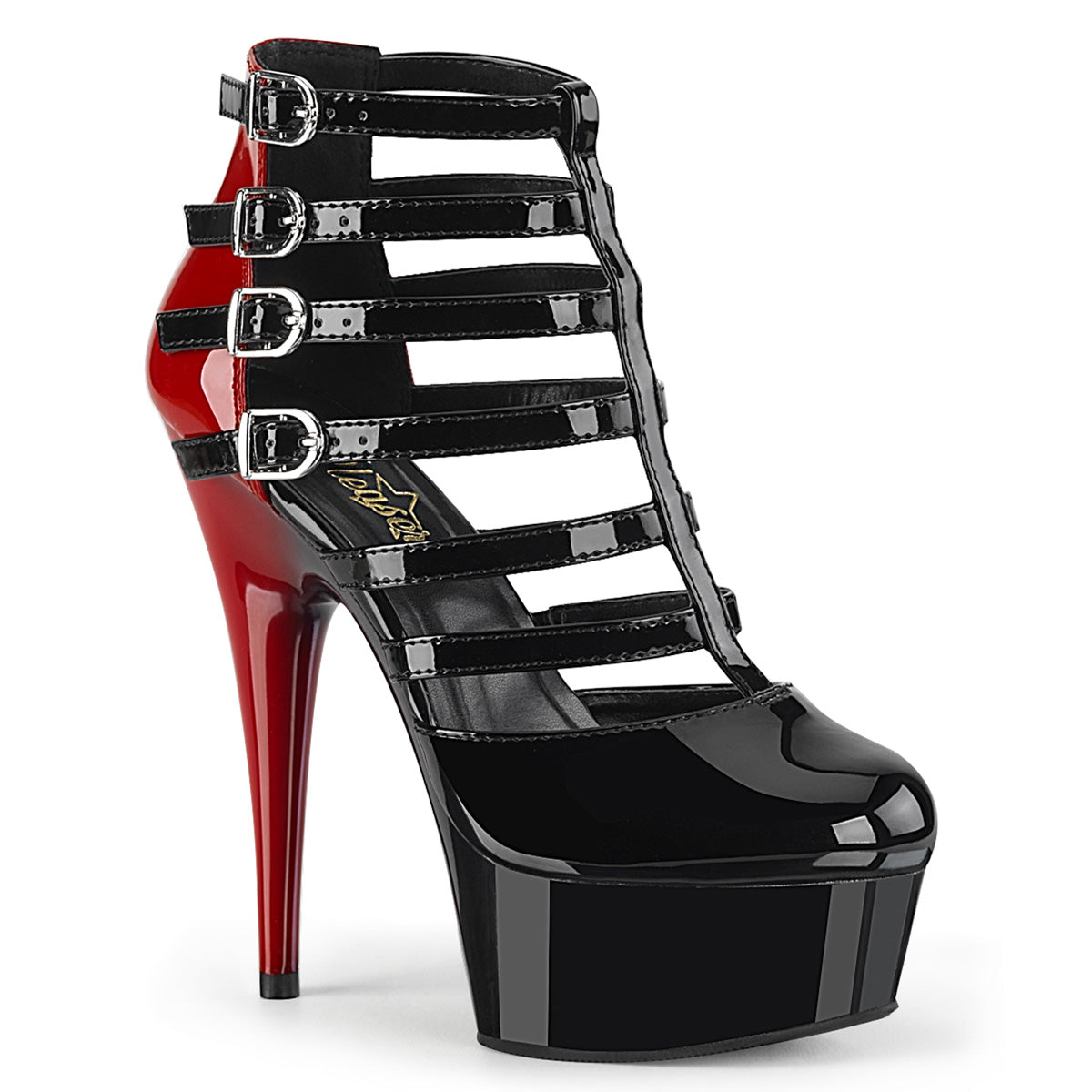 DELIGHT-695 Strippers Heels Pleaser Platforms (Exotic Dancing) Blk-Red Pat/Blk