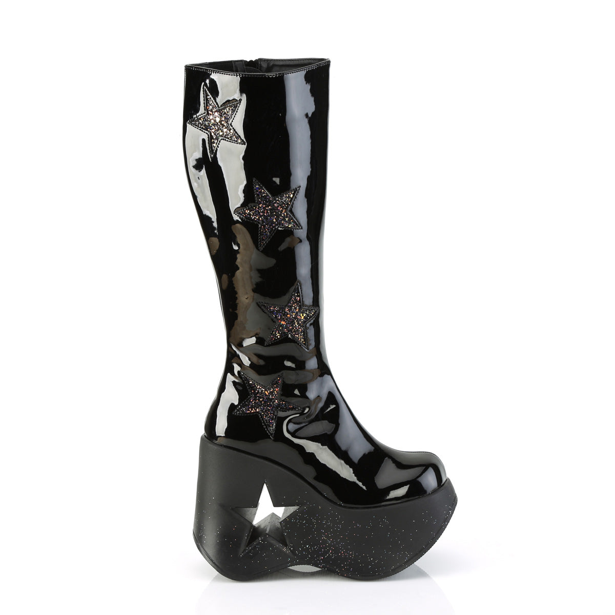 DYNAMITE-218 Demonia Black Patent-Black Multi Glitter Women's Mid-Calf & Knee High Boots [Demonia Cult Alternative Footwear]