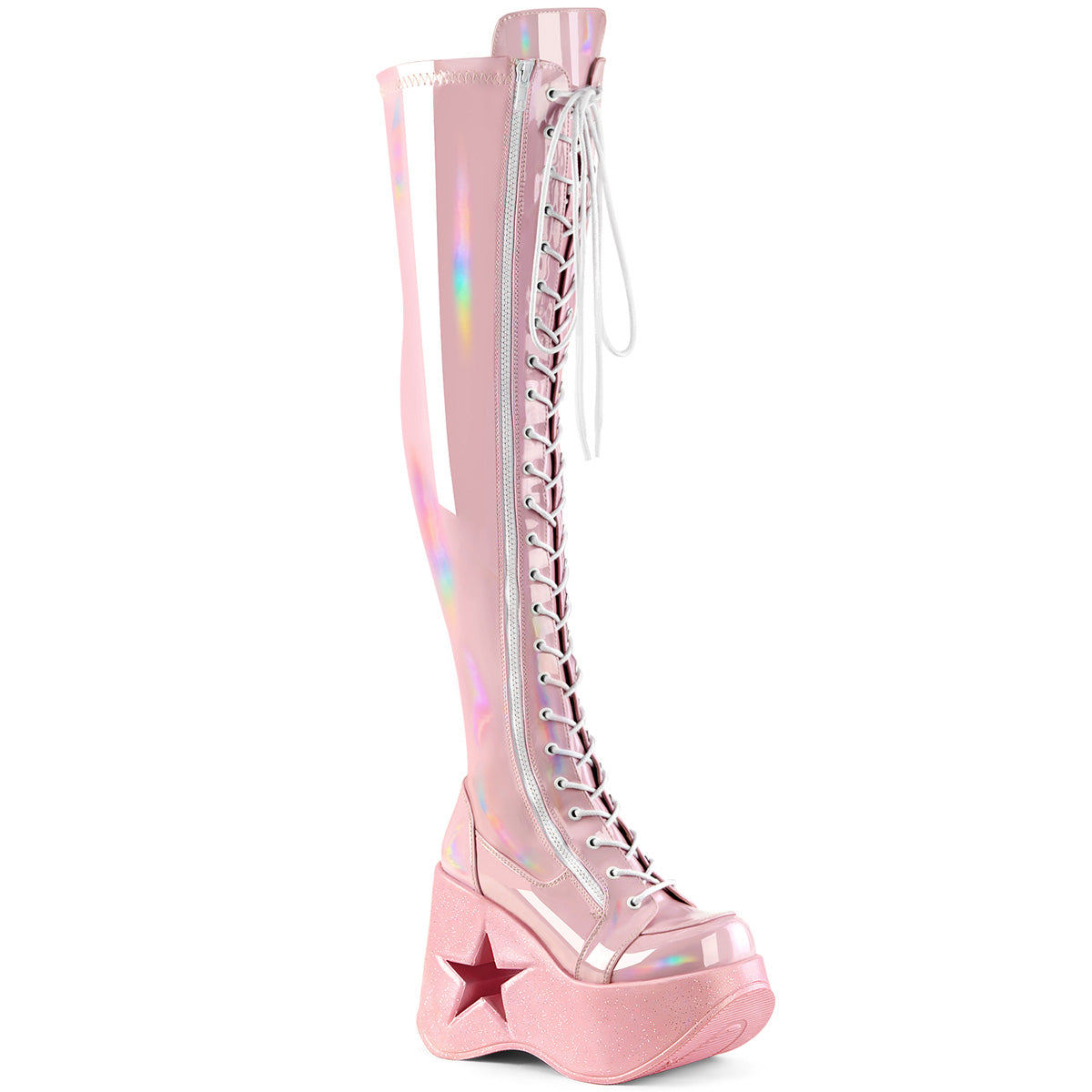 DYNAMITE-300 Alternative Footwear Demonia Women's Over-the-Knee Boots B. Pink Stretch Holo