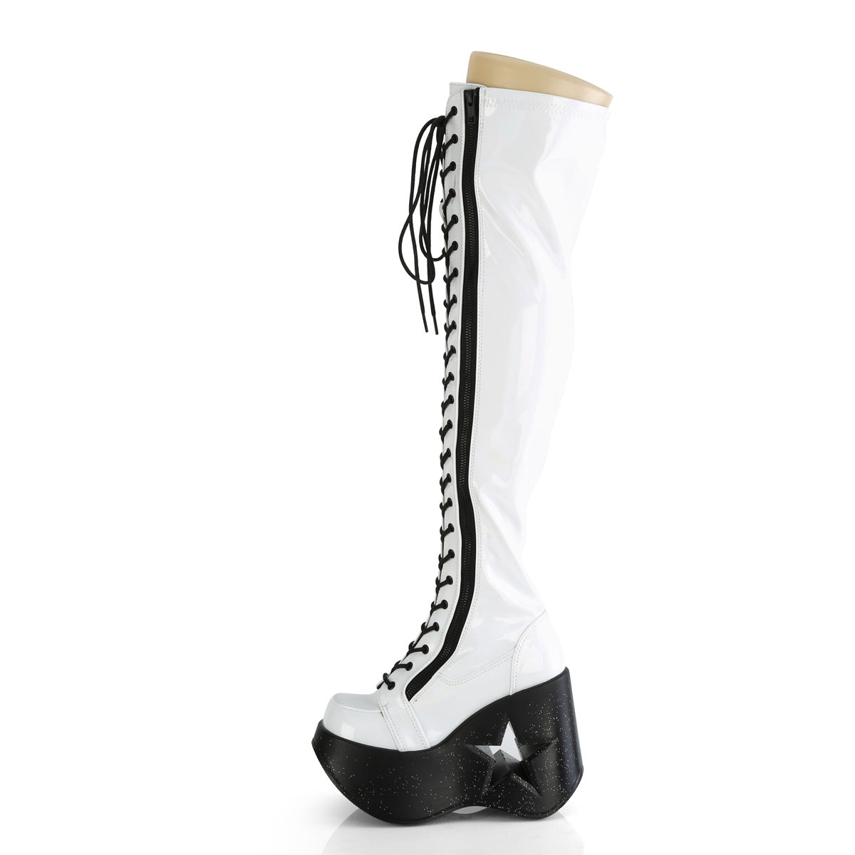 DYNAMITE-300 Demonia White Stretch Holo Women's Over-the-Knee Boots [Demonia Cult Alternative Footwear]