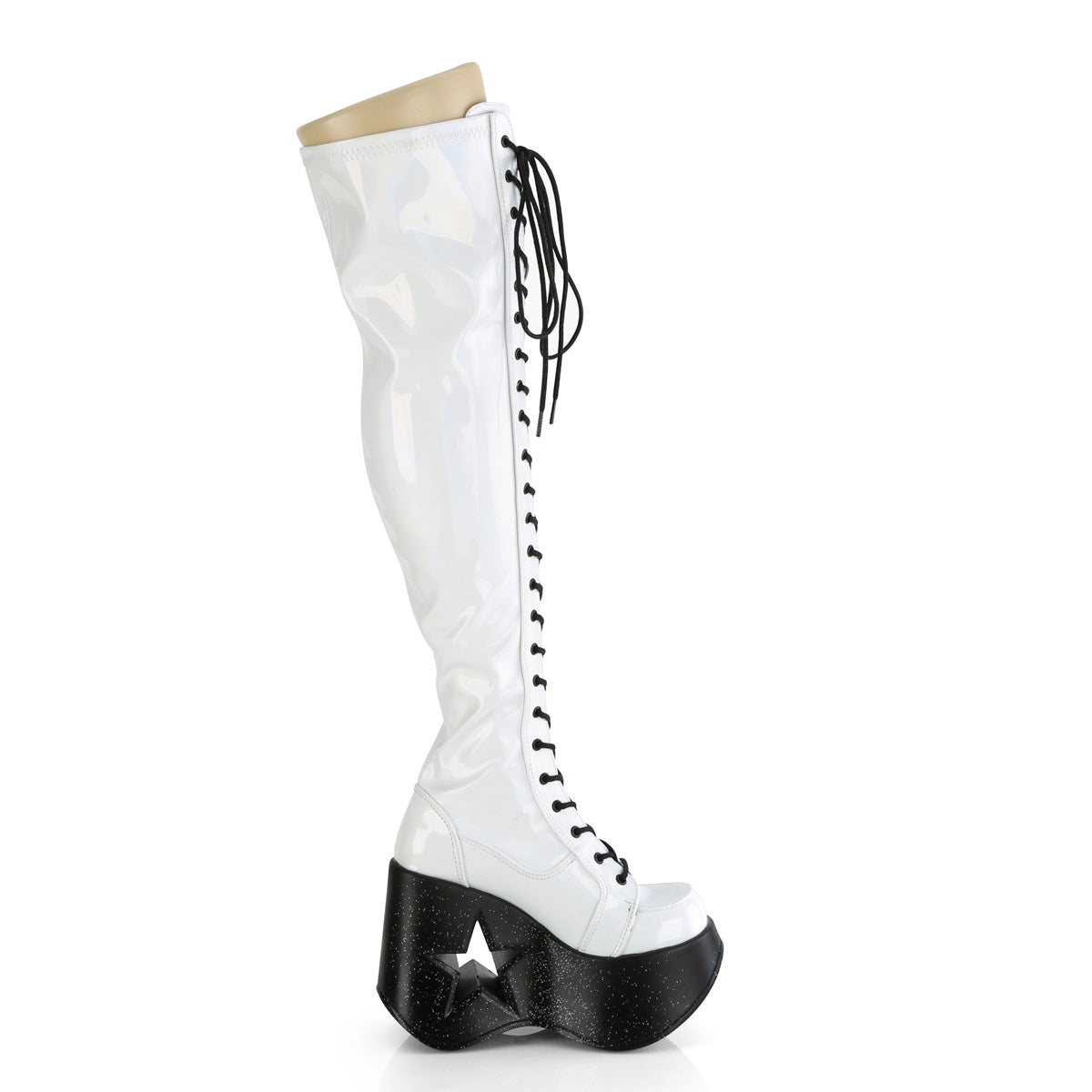 DYNAMITE-300 Demonia White Stretch Holo Women's Over-the-Knee Boots [Demonia Cult Alternative Footwear]