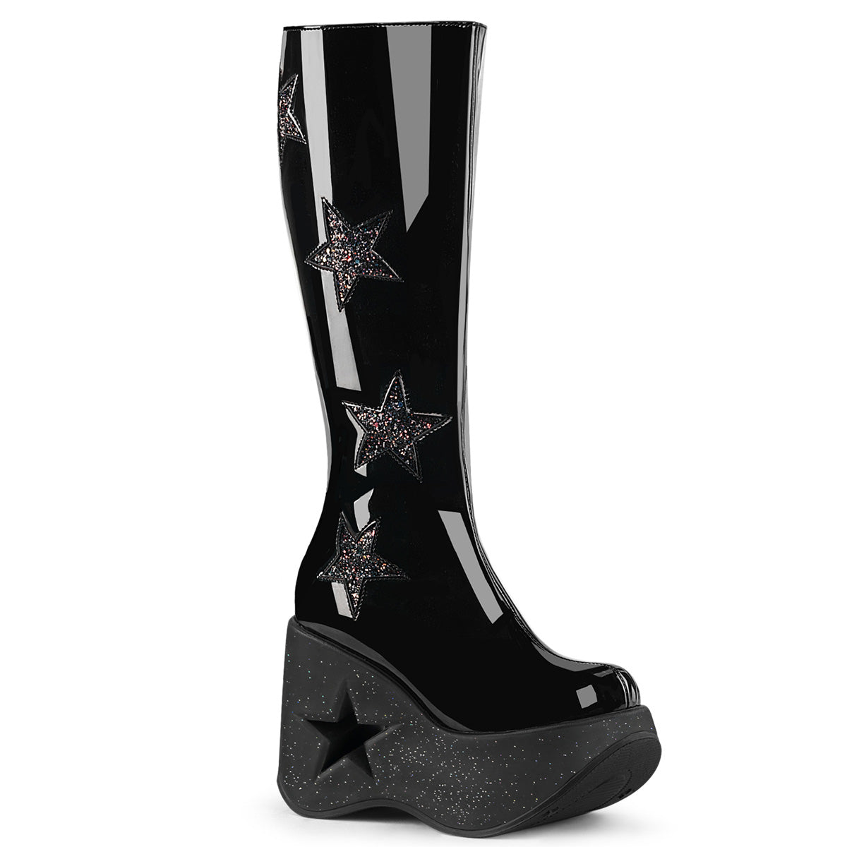 DYNAMITE-218 Alternative Footwear Demonia Women's Mid-Calf & Knee High Boots Blk Pat-Blk Multi Glitter