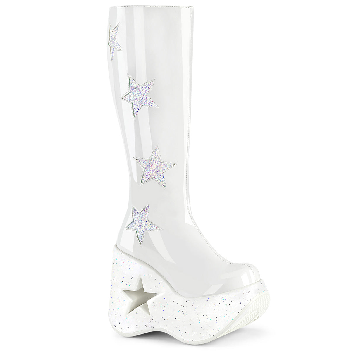 DYNAMITE-218 Alternative Footwear Demonia Women's Mid-Calf & Knee High Boots Wht Pat-Wht Multi Glitter