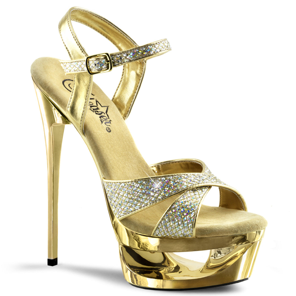 ECLIPSE-619G Strippers Heels Pleaser Platforms (Exotic Dancing) Gold Multi Gltr/Gold Chrome