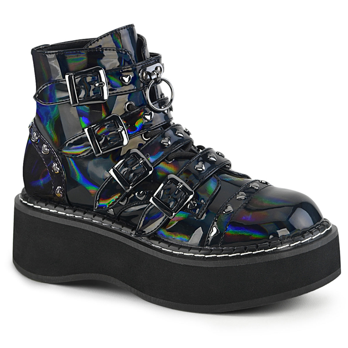 EMILY-315 Alternative Footwear Demonia Women's Ankle Boots Blk Hologram Vegan Leather