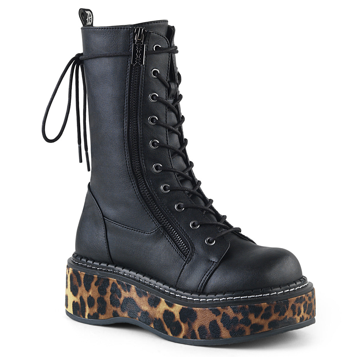 EMILY-350 Alternative Footwear Demonia Women's Mid-Calf & Knee High Boots Blk-Leopard Print Vegan Leather
