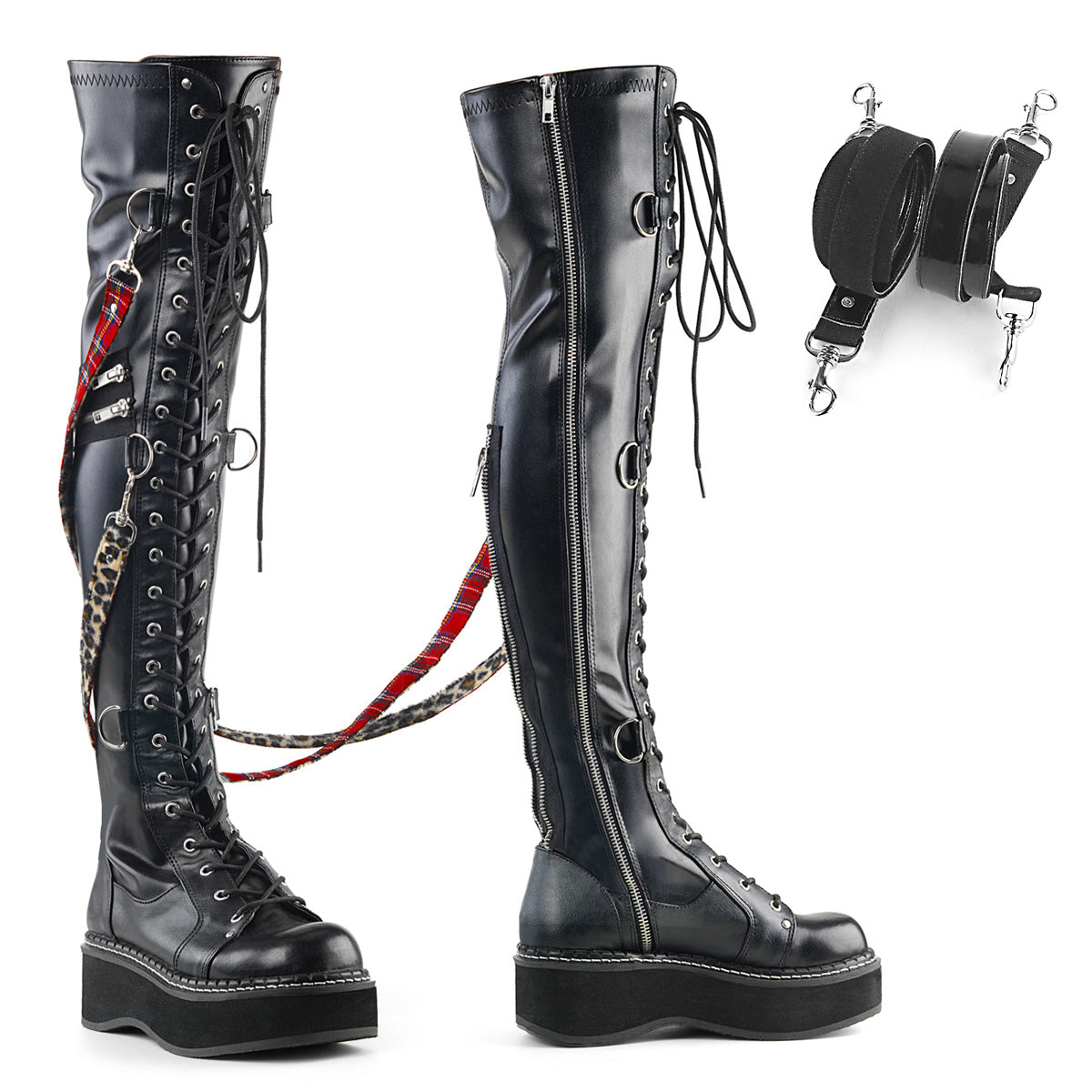 EMILY-377 Alternative Footwear Demonia Women's Over-the-Knee Boots Blk Str Vegan Leather