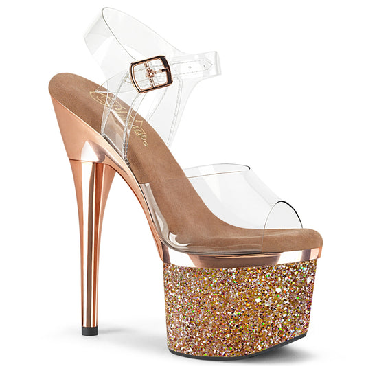 ESTEEM-708CHLG Strippers Heels Pleaser Platforms (Exotic Dancing) Clr/Rose Gold Chrome-Multi Glitter