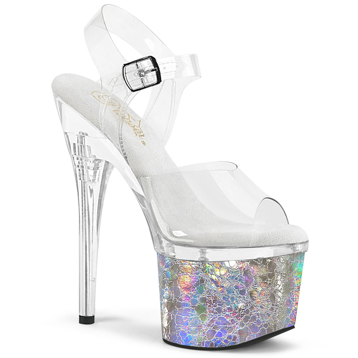 ESTEEM-708CK Strippers Heels Pleaser Platforms (Exotic Dancing) Clr/Clr-Slv Holo Crackle