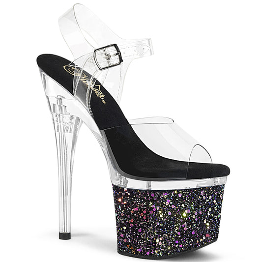 ESTEEM-708LG Strippers Heels Pleaser Platforms (Exotic Dancing) Clr/Clr-Blk Multi Glitter