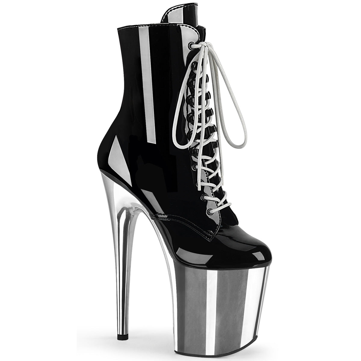 FLAMINGO-1020 Strippers Heels Pleaser Platforms (Exotic Dancing) Blk Pat/Slv Chrome