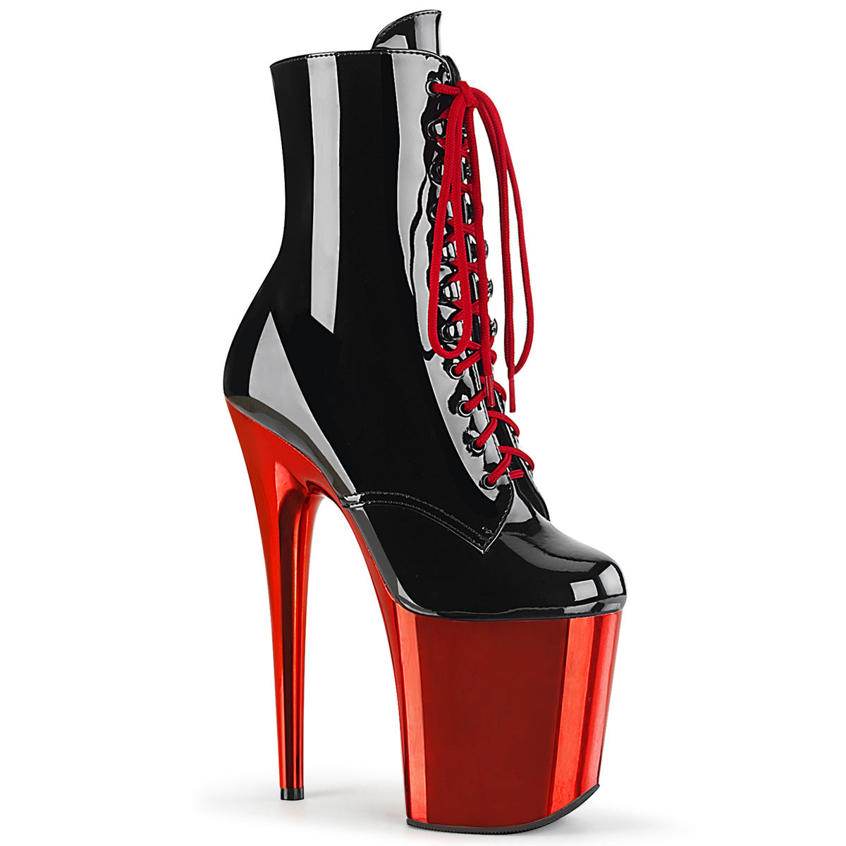 FLAMINGO-1020 Strippers Heels Pleaser Platforms (Exotic Dancing) Blk Pat/Red Chrome